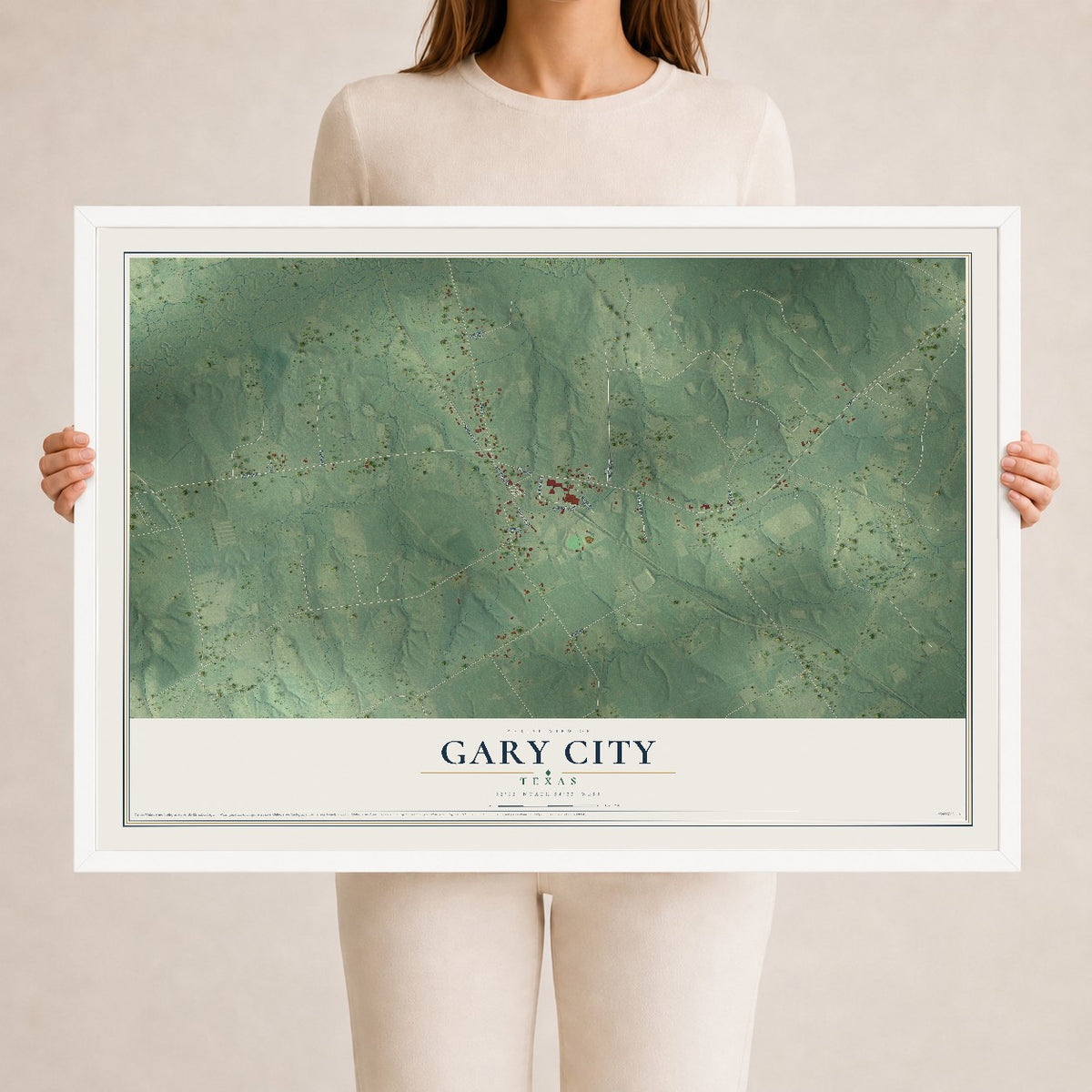 Map of Gary City, Texas, 24 x 36 inch print in a white wood frame