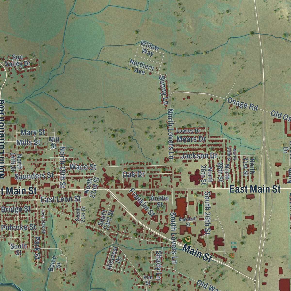 Close-up of the map of Gatesville, Texas print showing street and building detail