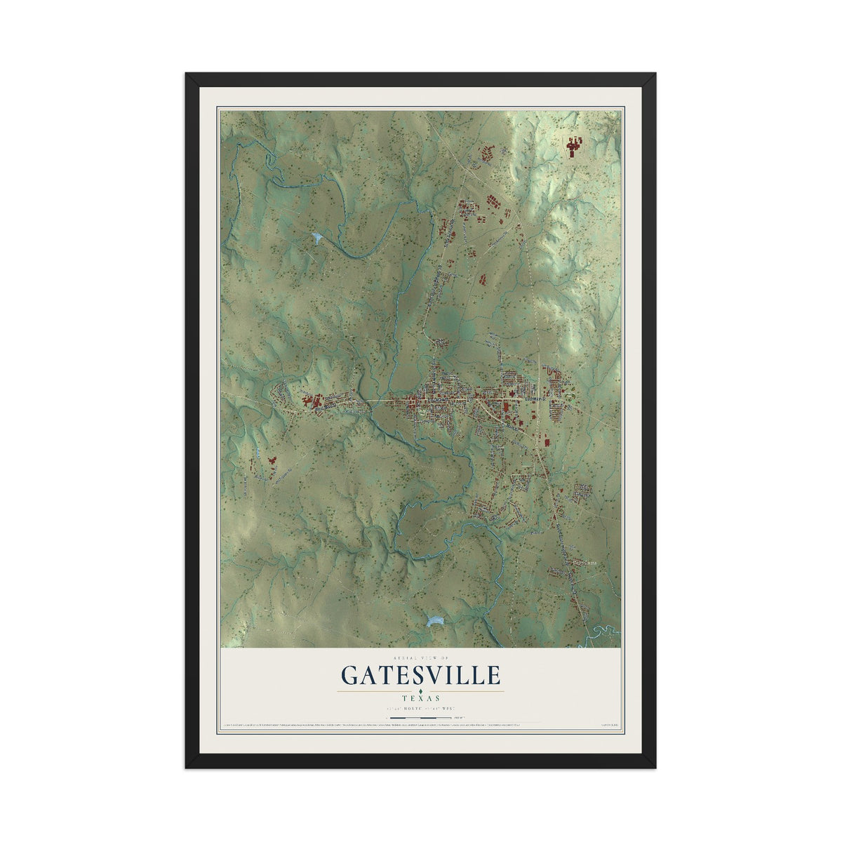 Map of Gatesville, Texas, 12 x 18 inch print in a black wood frame