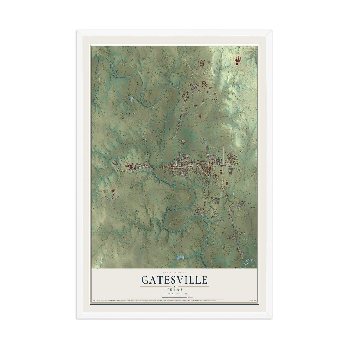 Map of Gatesville, Texas, 12 x 18 inch print in a white wood frame
