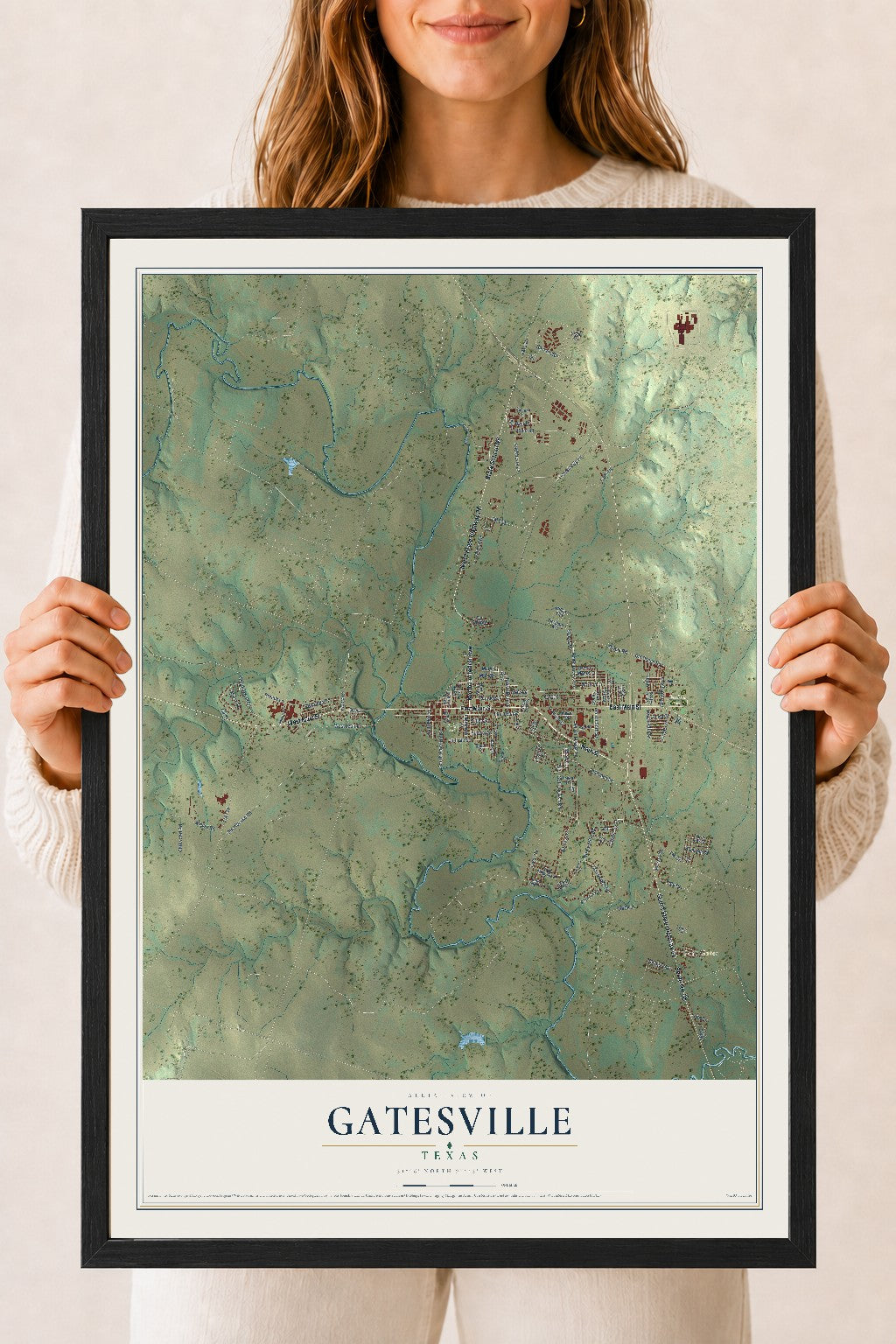 Map of Gatesville, Texas, 18 x 24 inch print in a black wood frame