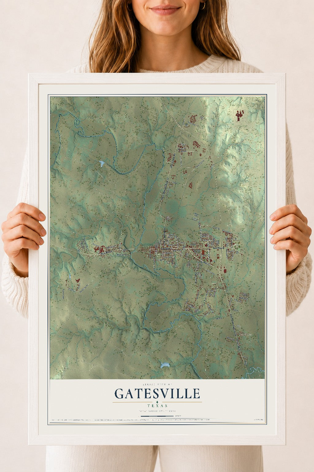 Map of Gatesville, Texas, 18 x 24 inch print in a white wood frame