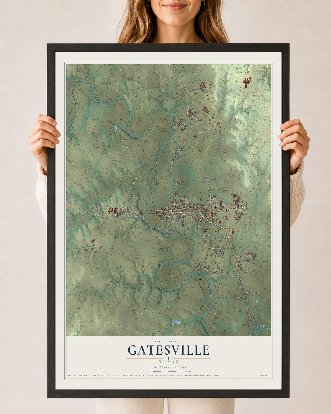 Map of Gatesville, Texas, 24 x 36 inch print in a black wood frame