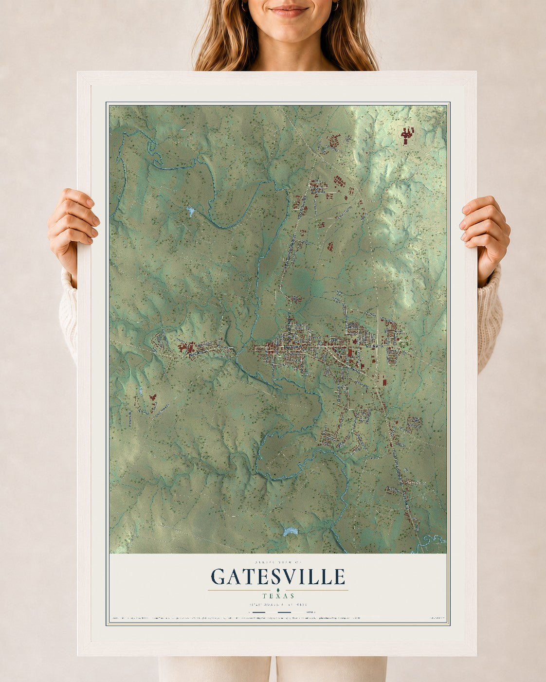 Map of Gatesville, Texas, 24 x 36 inch print in a white wood frame