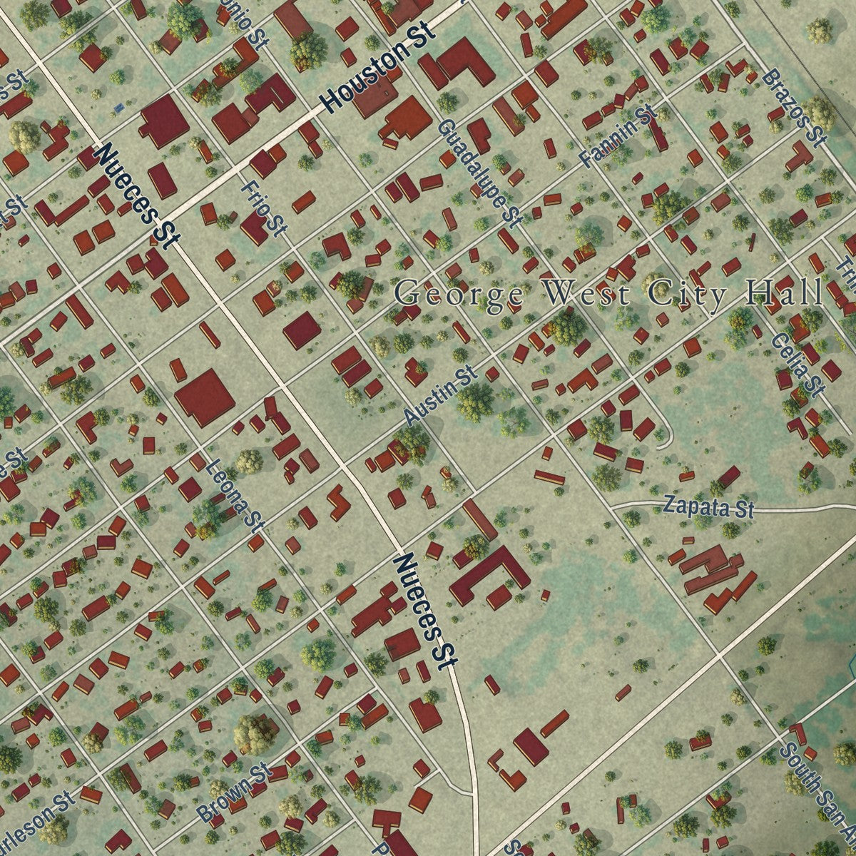 Close-up of the map of George West, Texas print showing street and building detail