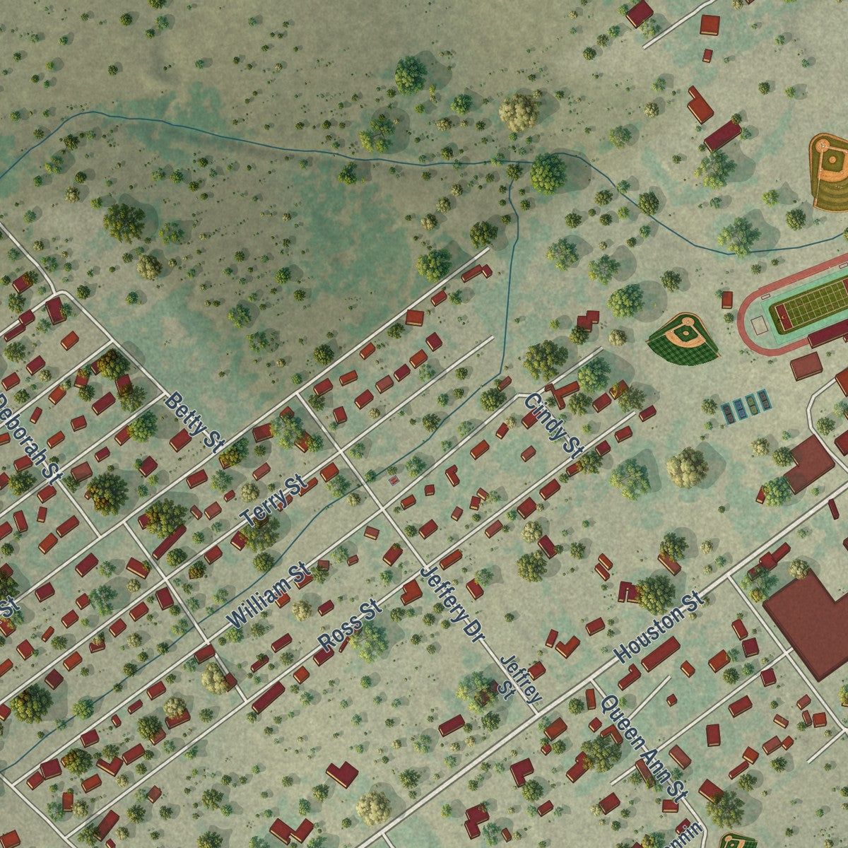 Second close-up of the map of George West, Texas print showing more streets and buildings