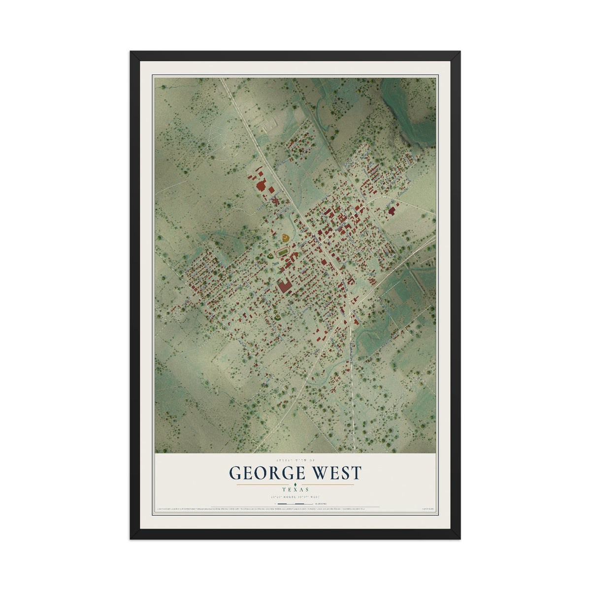 Map of George West, Texas, 12 x 18 inch print in a black wood frame