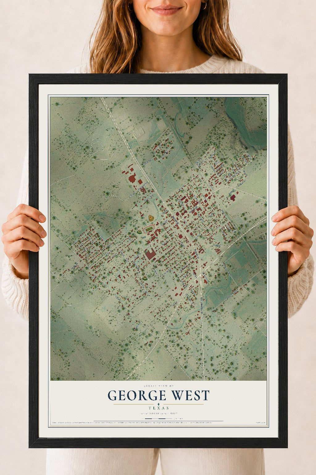 Map of George West, Texas, 18 x 24 inch print in a black wood frame