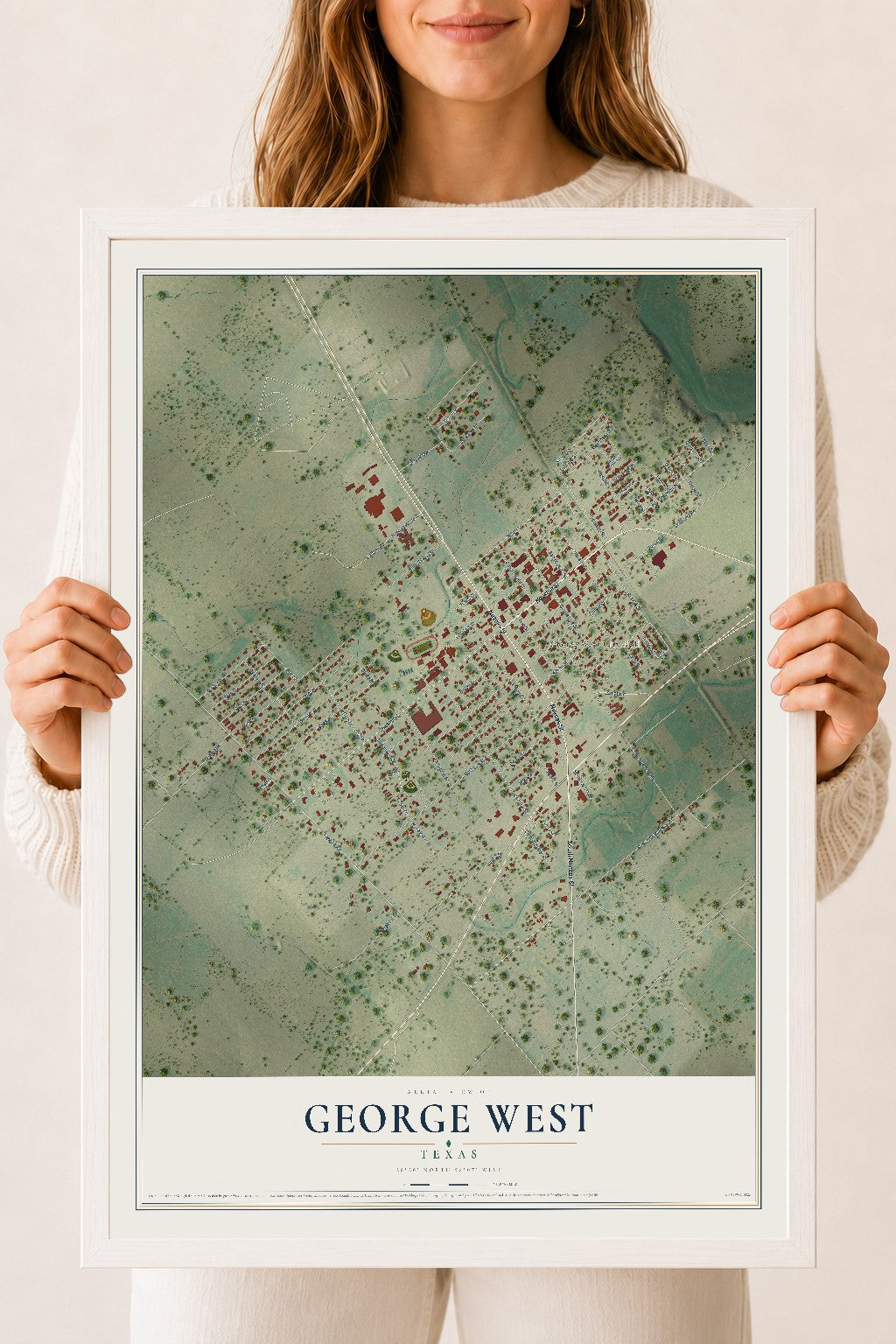 Map of George West, Texas, 18 x 24 inch print in a white wood frame