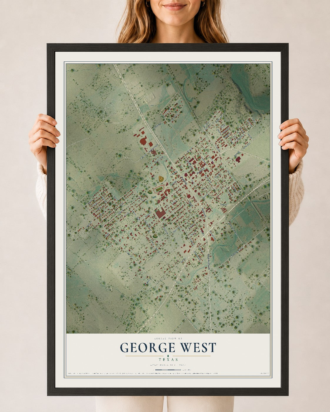 Map of George West, Texas, 24 x 36 inch print in a black wood frame