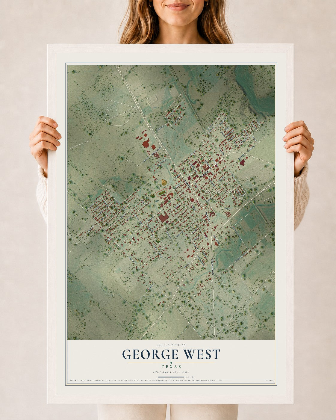 Map of George West, Texas, 24 x 36 inch print in a white wood frame