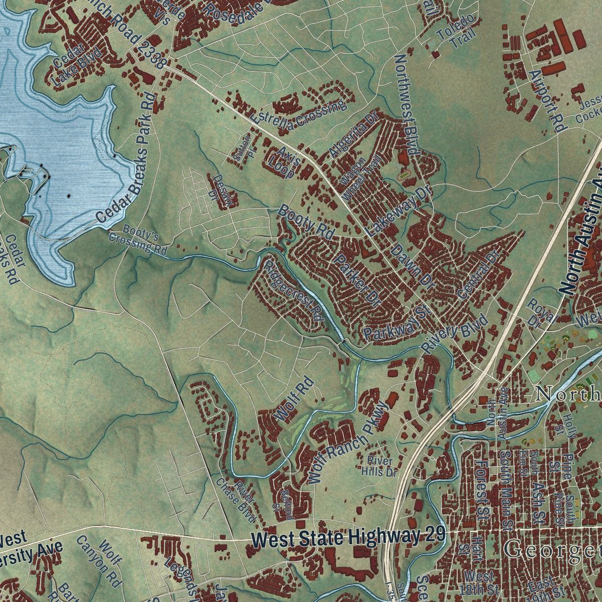 Close-up of the map of Georgetown, Texas print showing street and building detail