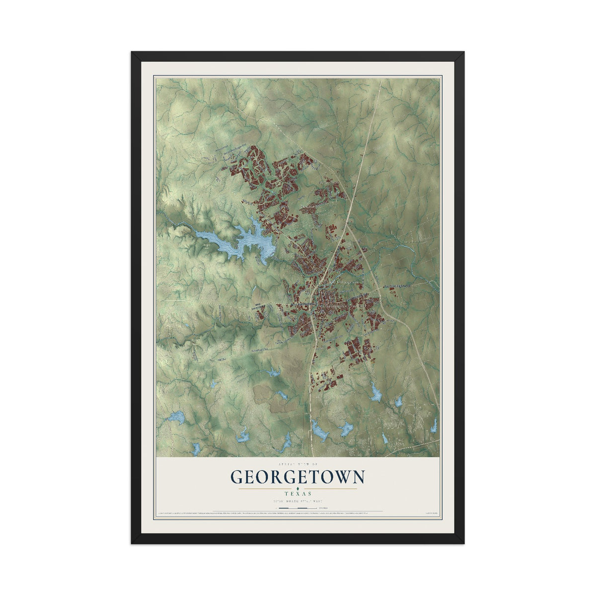 Map of Georgetown, Texas, 12 x 18 inch print in a black wood frame