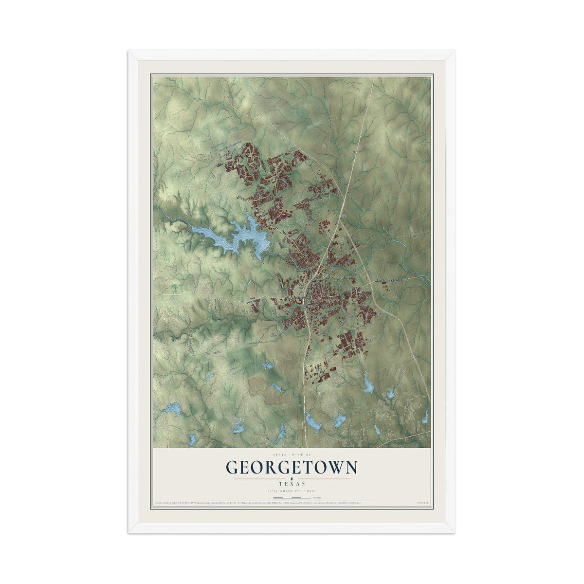 Map of Georgetown, Texas, 12 x 18 inch print in a white wood frame