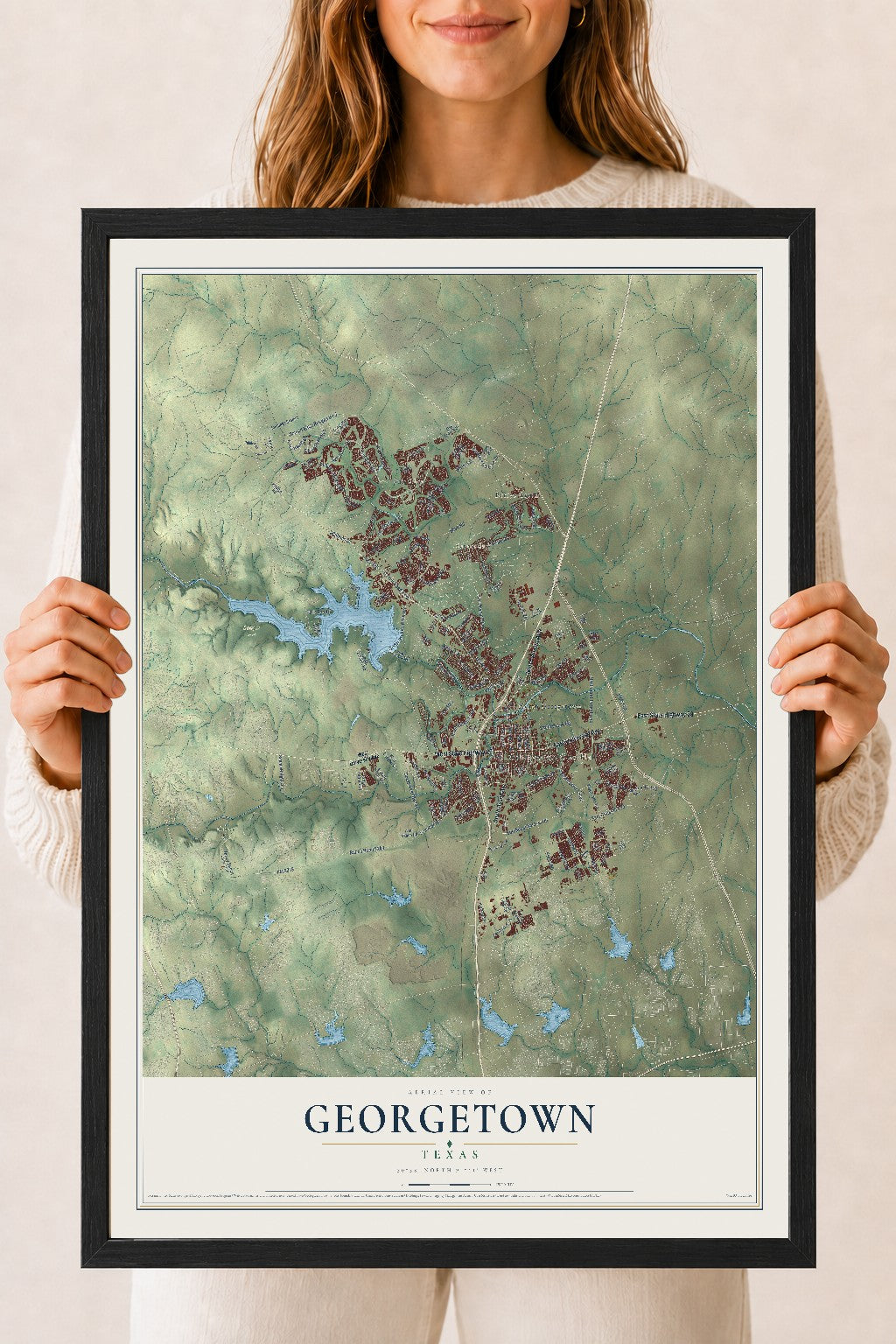 Map of Georgetown, Texas, 18 x 24 inch print in a black wood frame