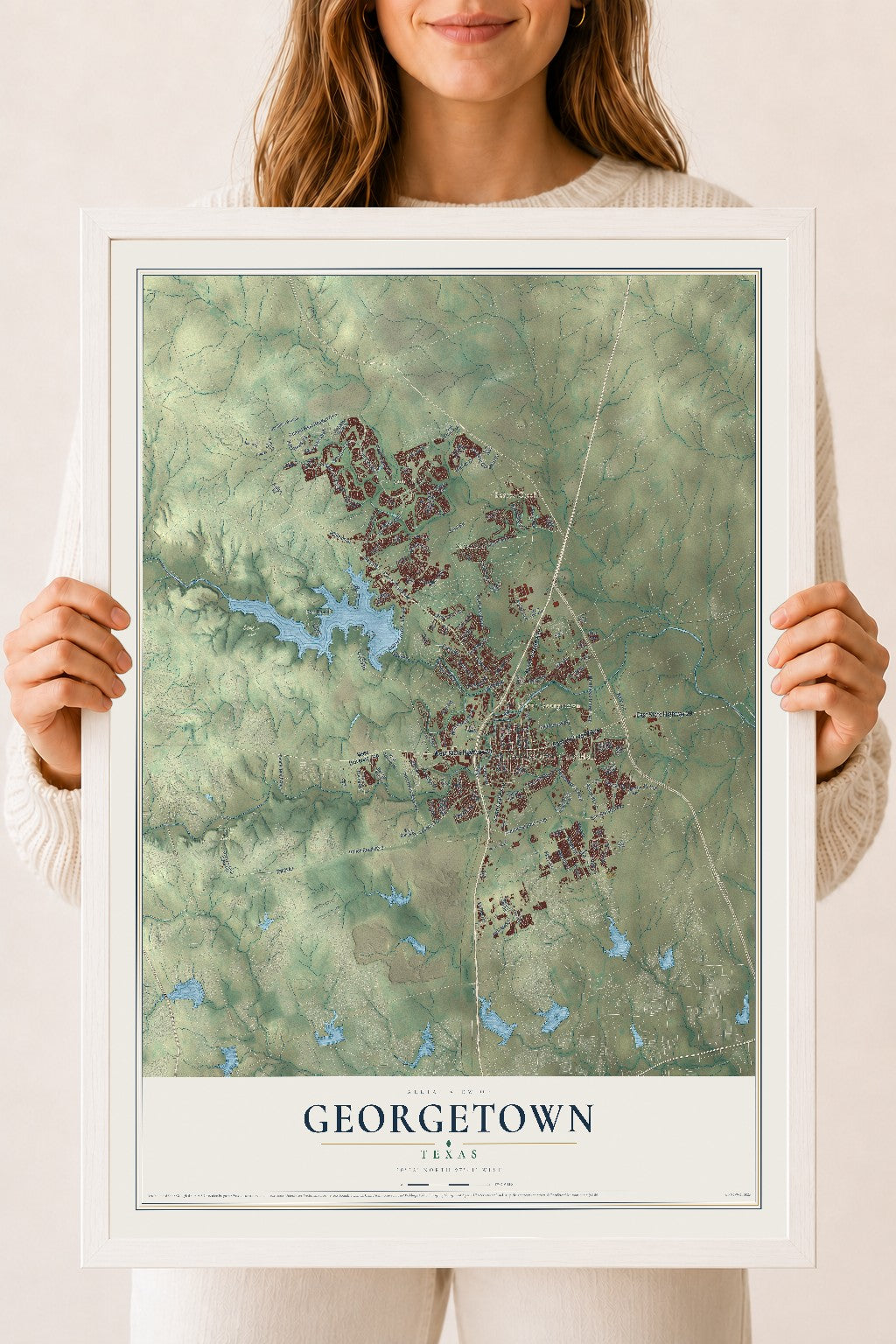 Map of Georgetown, Texas, 18 x 24 inch print in a white wood frame