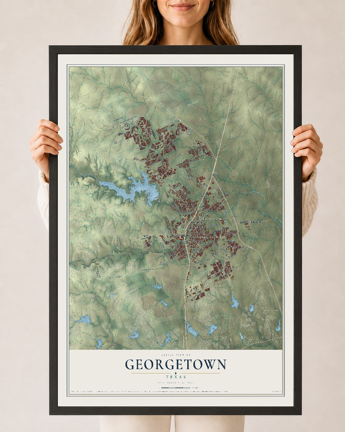 Map of Georgetown, Texas, 24 x 36 inch print in a black wood frame