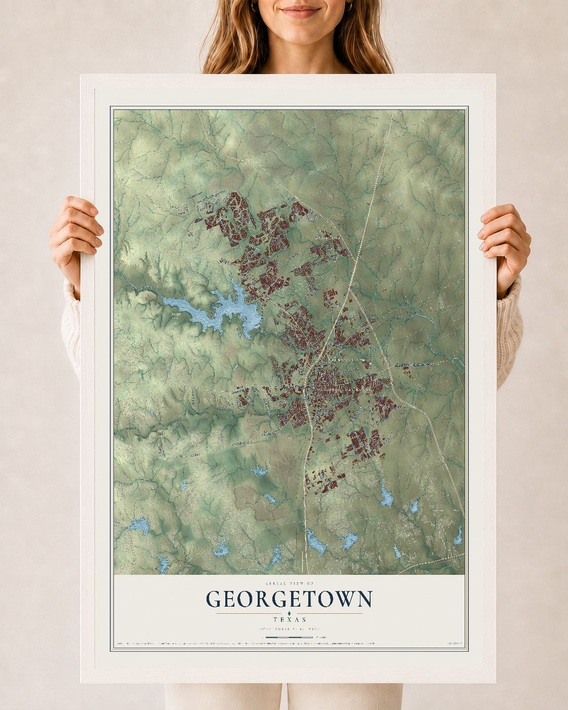 Map of Georgetown, Texas, 24 x 36 inch print in a white wood frame