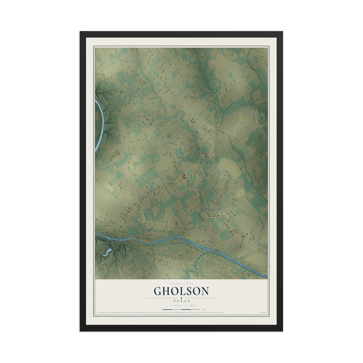 Map of Gholson, Texas, 12 x 18 inch print in a black wood frame