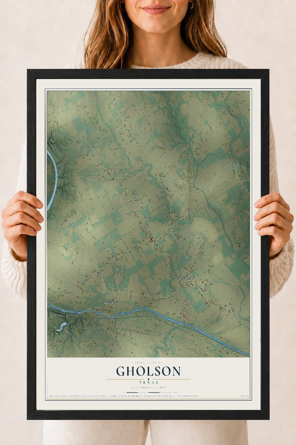 Map of Gholson, Texas, 18 x 24 inch print in a black wood frame