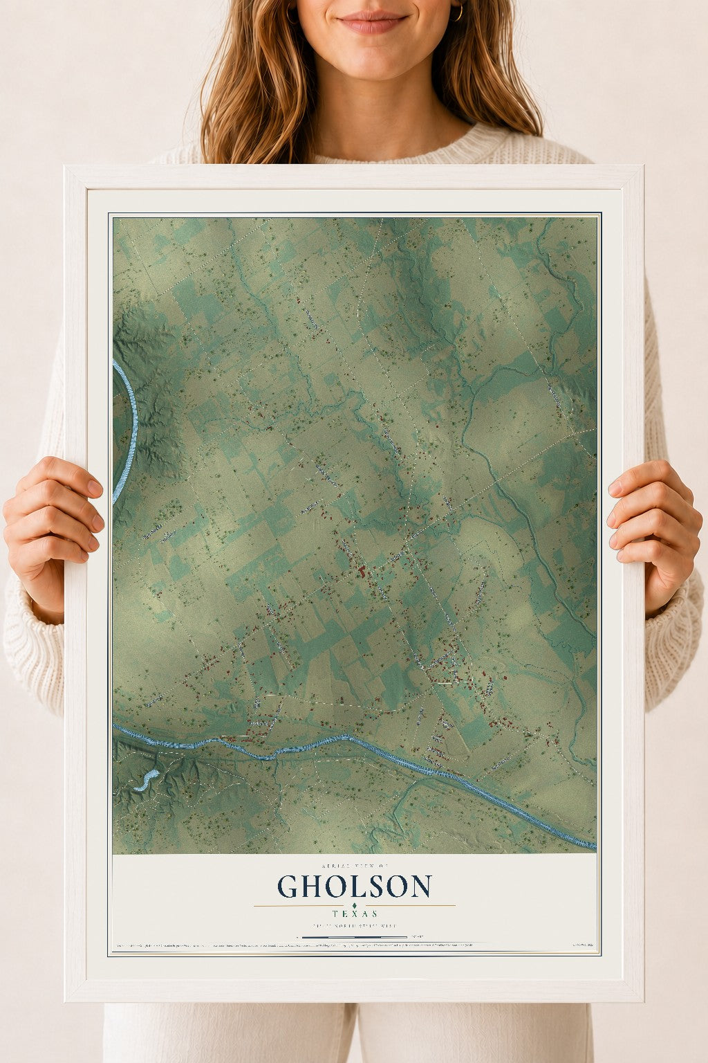 Map of Gholson, Texas, 18 x 24 inch print in a white wood frame