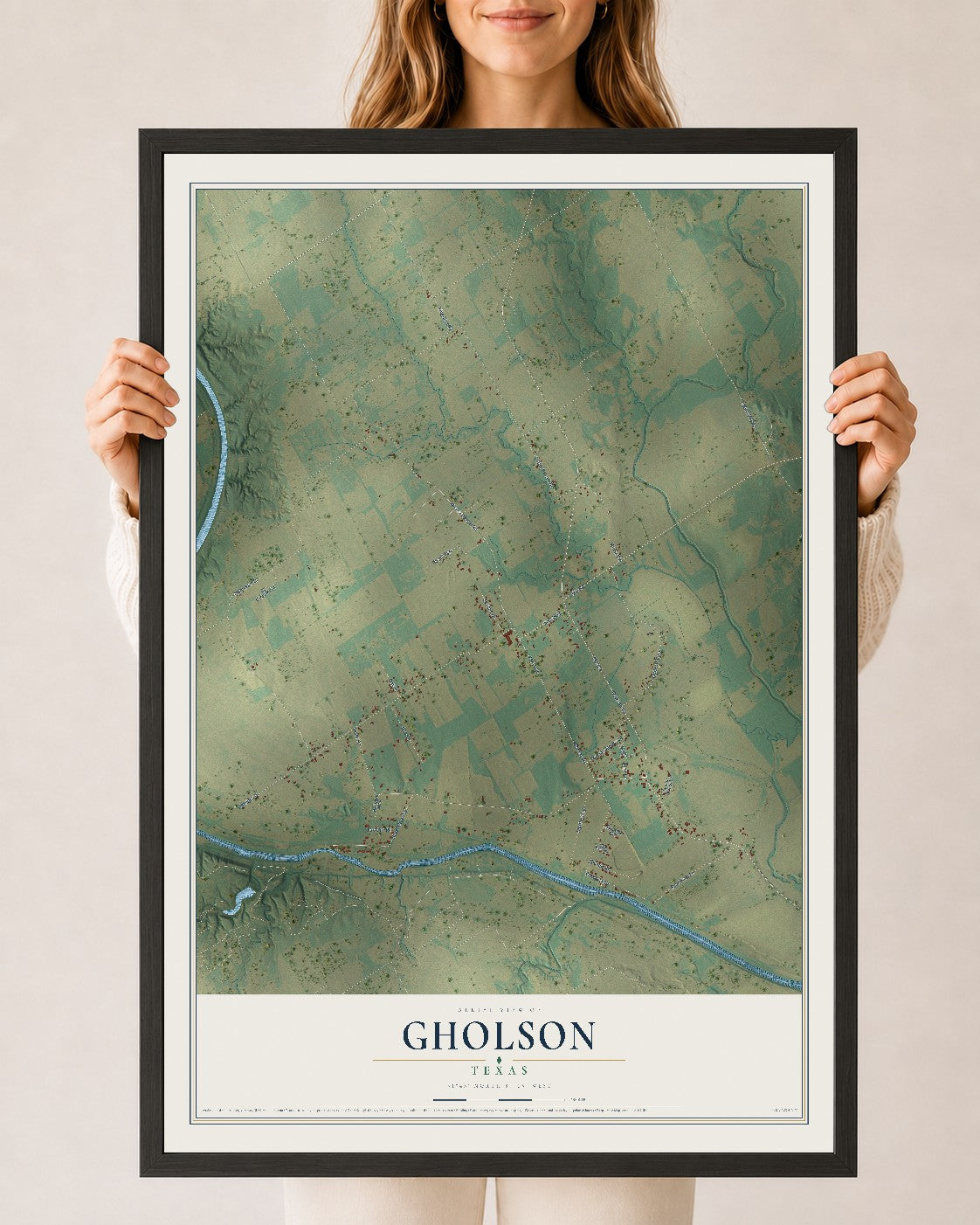 Map of Gholson, Texas, 24 x 36 inch print in a black wood frame