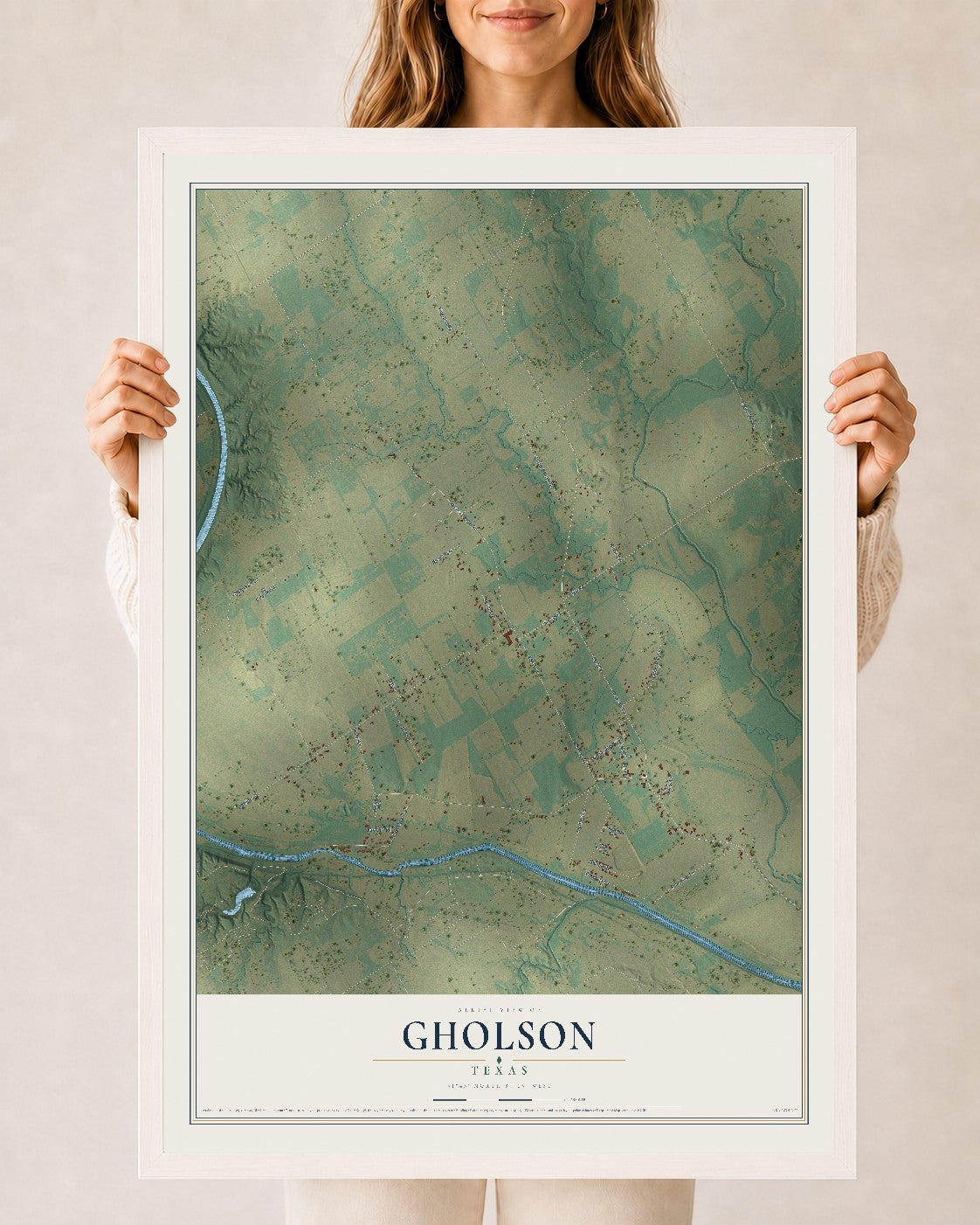 Map of Gholson, Texas, 24 x 36 inch print in a white wood frame