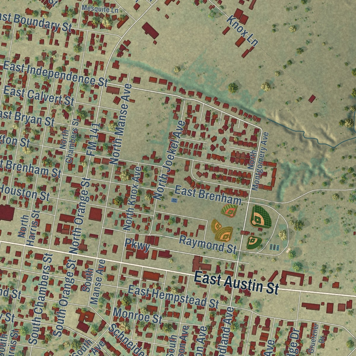Close-up of the map of Giddings, Texas print showing street and building detail