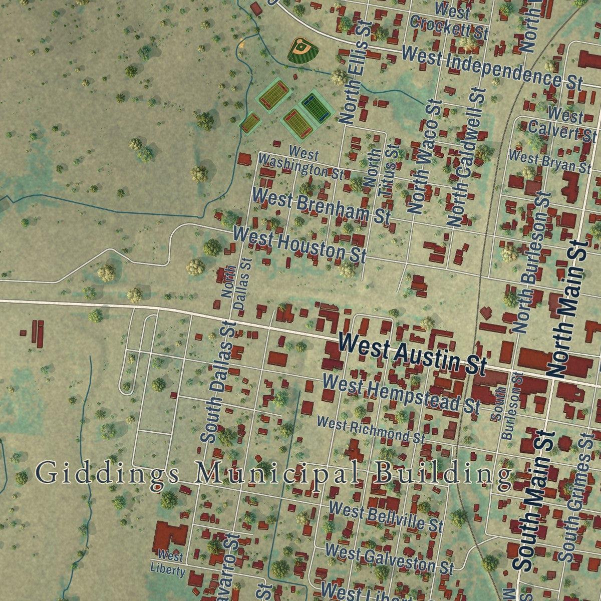Second close-up of the map of Giddings, Texas print showing more streets and buildings