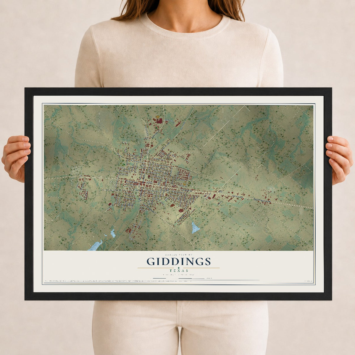 Map of Giddings, Texas, 12 x 18 inch print in a black wood frame
