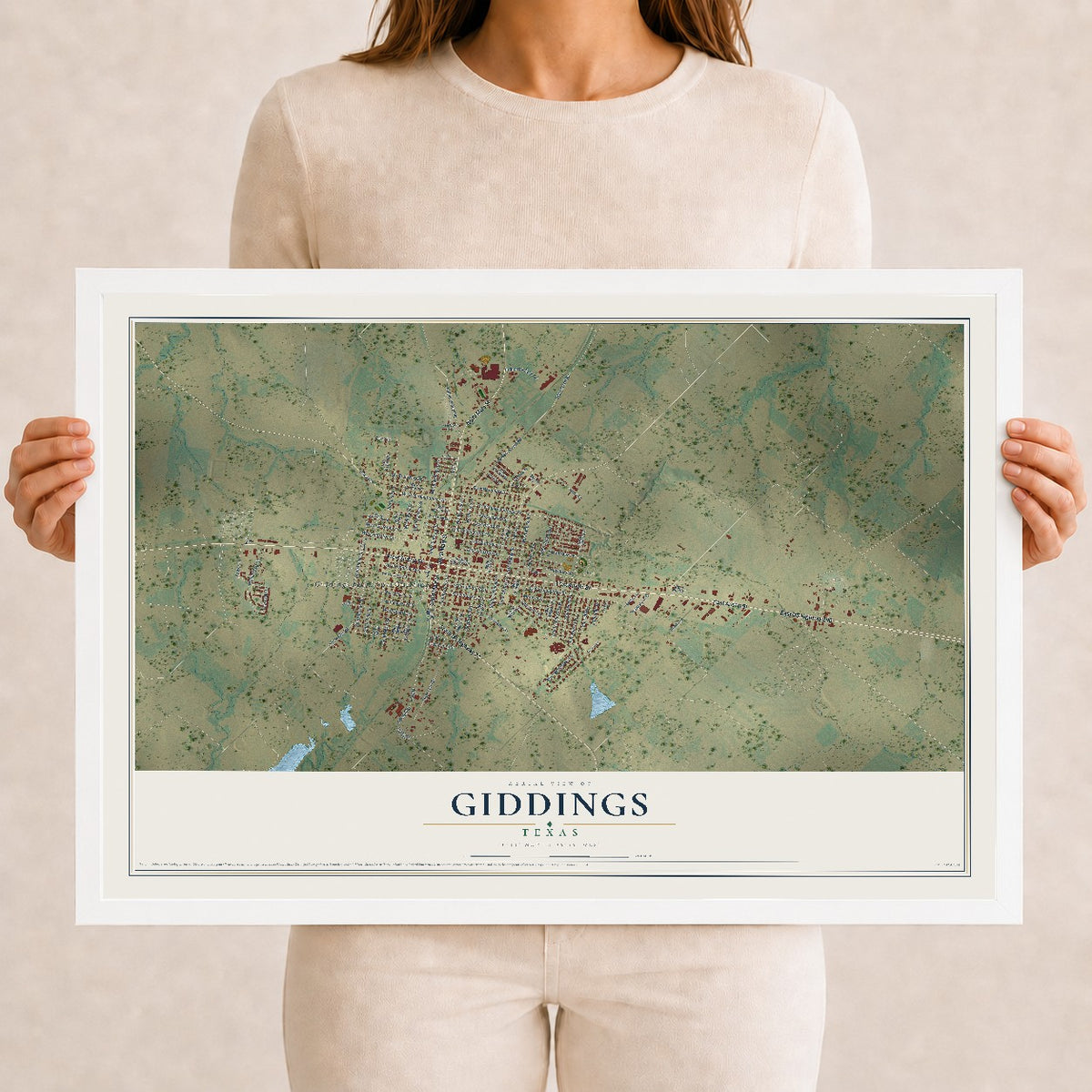 Map of Giddings, Texas, 12 x 18 inch print in a white wood frame