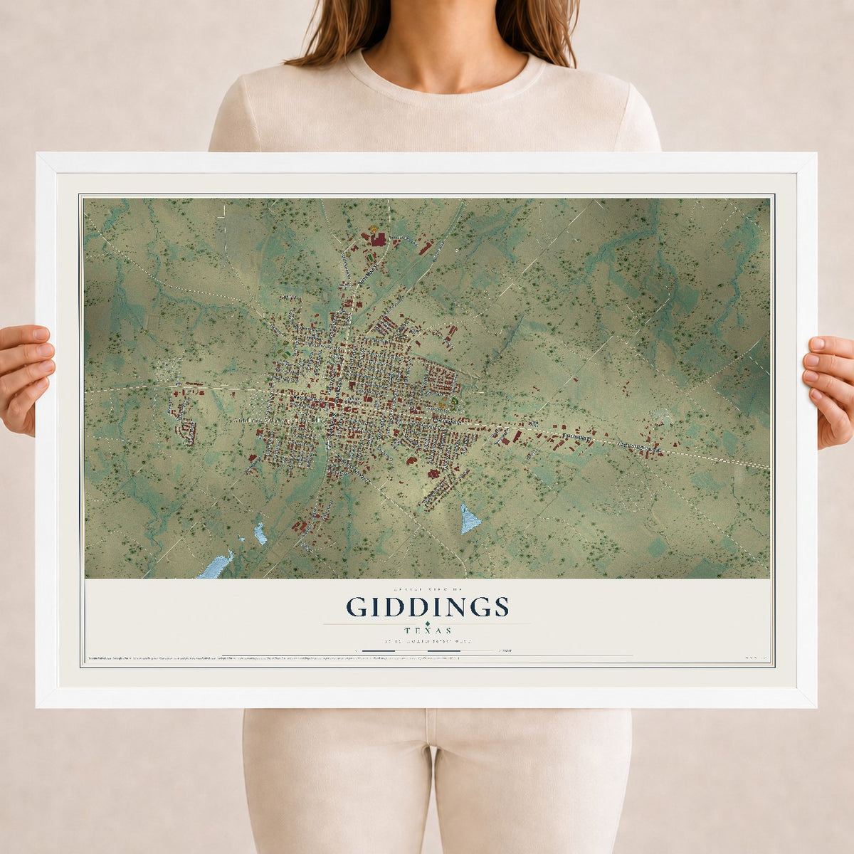 Map of Giddings, Texas, 18 x 24 inch print in a white wood frame