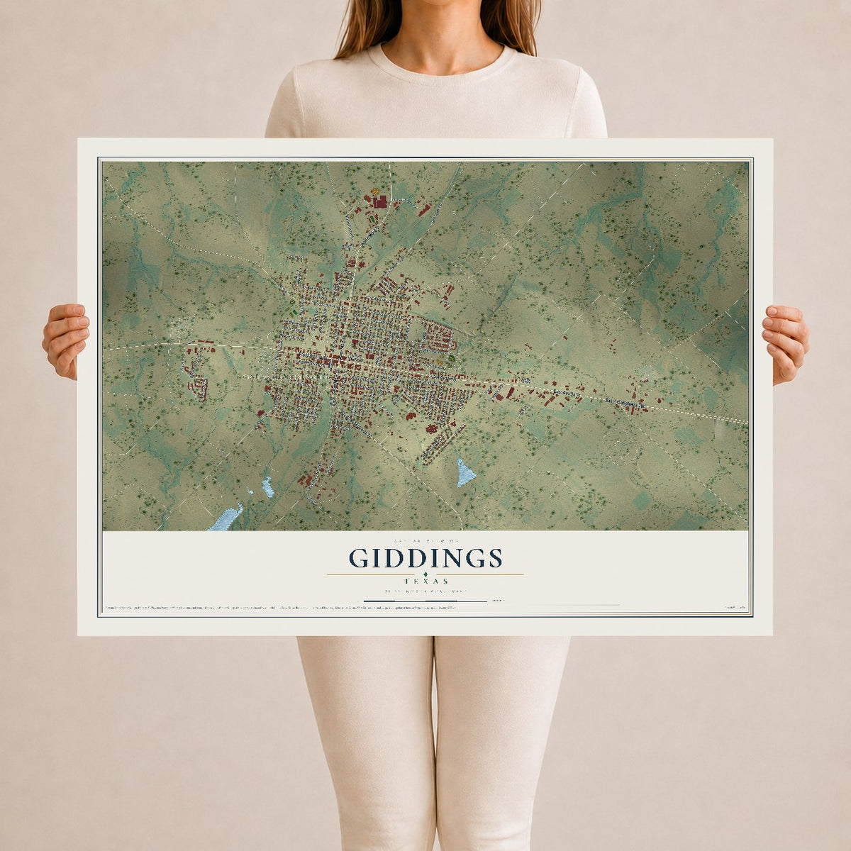 Map of Giddings, Texas, 24 x 36 inch unframed archival matte print