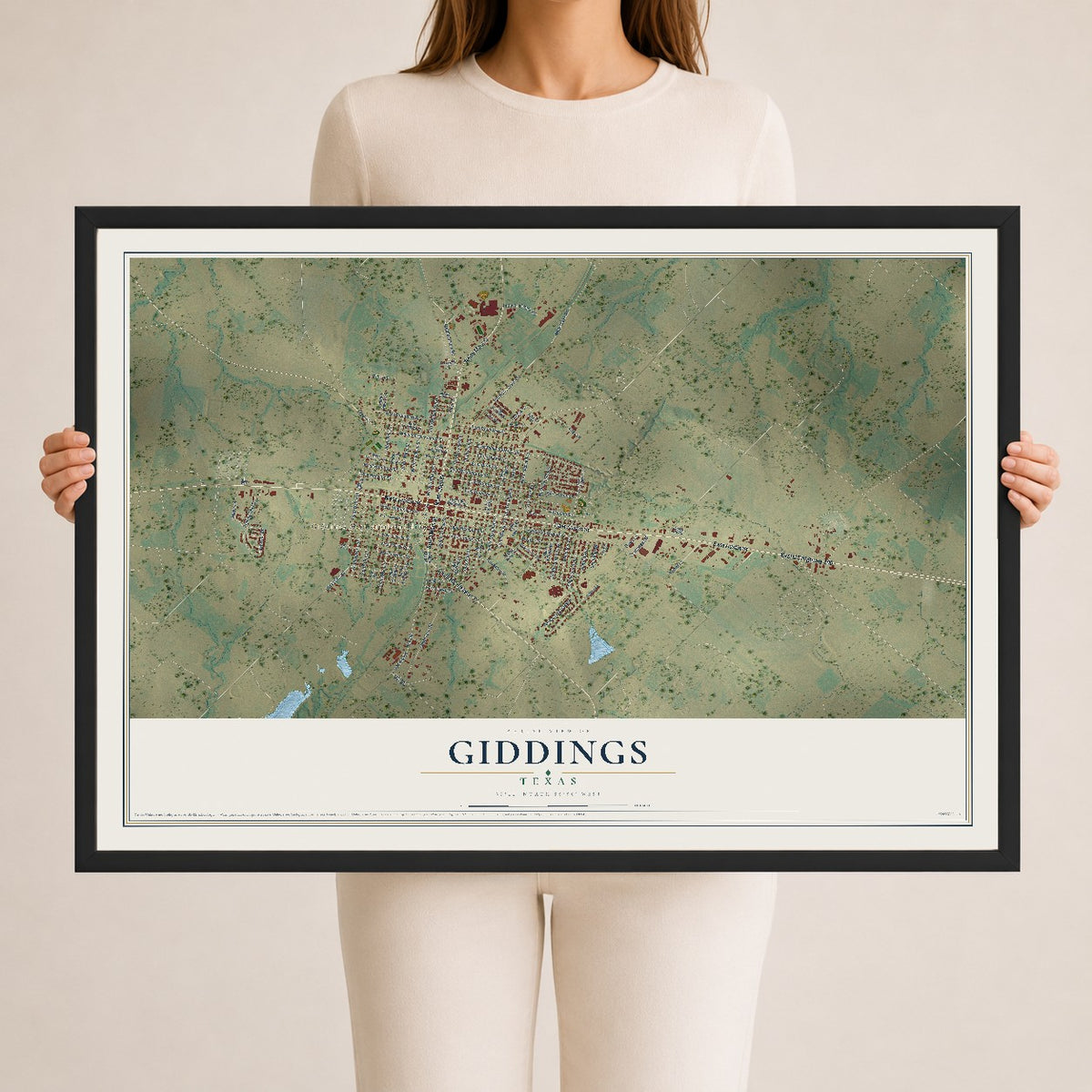 Map of Giddings, Texas, 24 x 36 inch print in a black wood frame