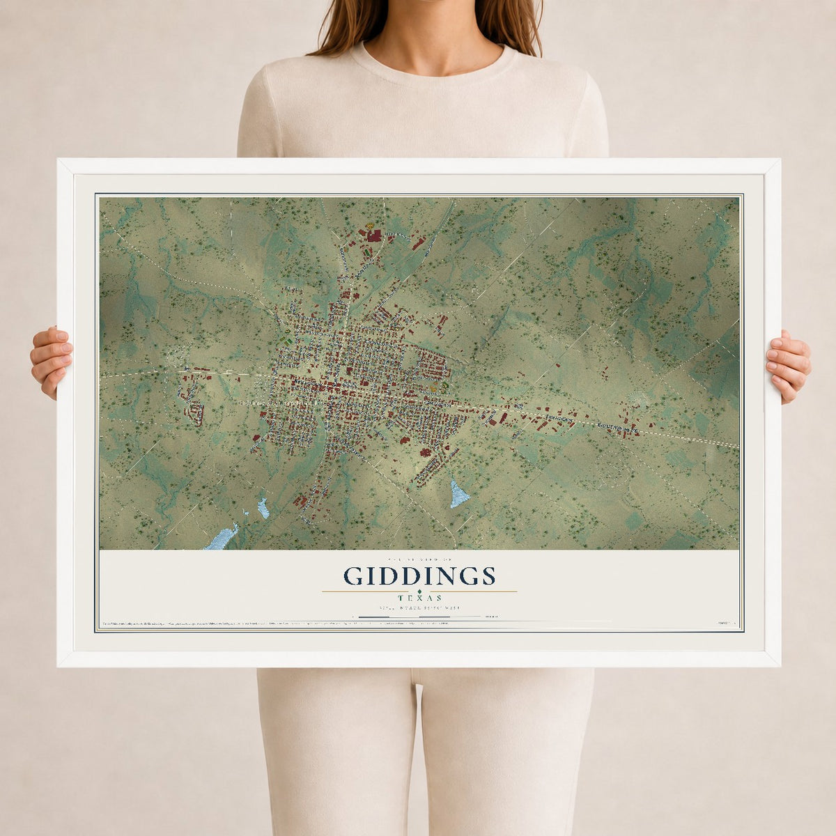 Map of Giddings, Texas, 24 x 36 inch print in a white wood frame