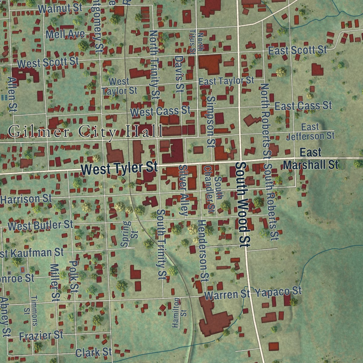 Close-up of the map of Gilmer, Texas print showing street and building detail