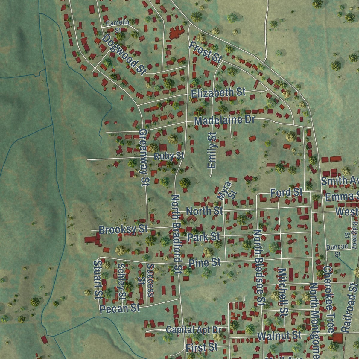 Second close-up of the map of Gilmer, Texas print showing more streets and buildings