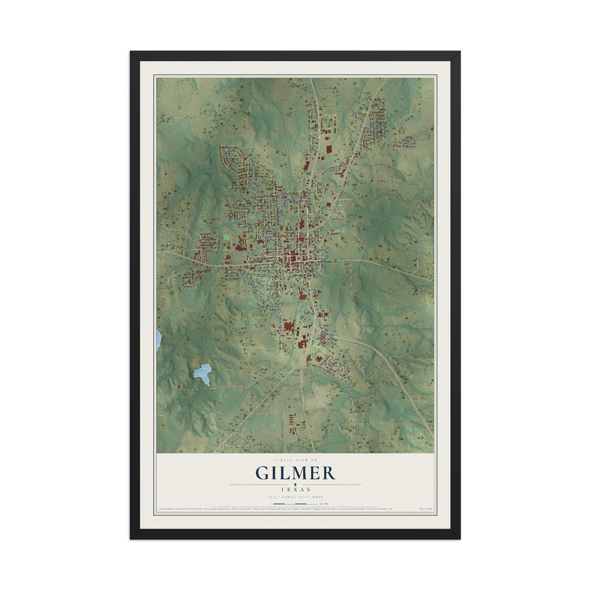 Map of Gilmer, Texas, 12 x 18 inch print in a black wood frame