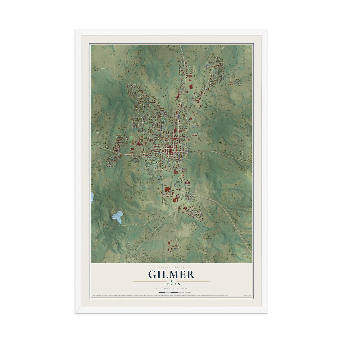 Map of Gilmer, Texas, 12 x 18 inch print in a white wood frame