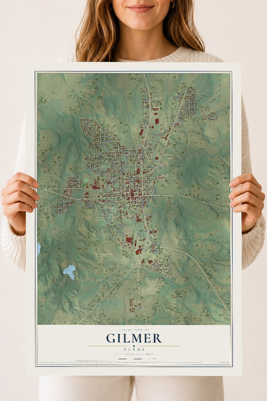 Map of Gilmer, Texas, 18 x 24 inch unframed archival matte print