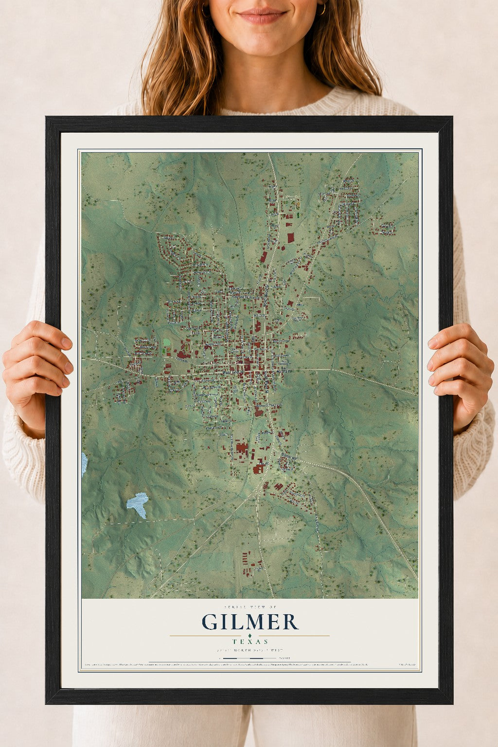 Map of Gilmer, Texas, 18 x 24 inch print in a black wood frame