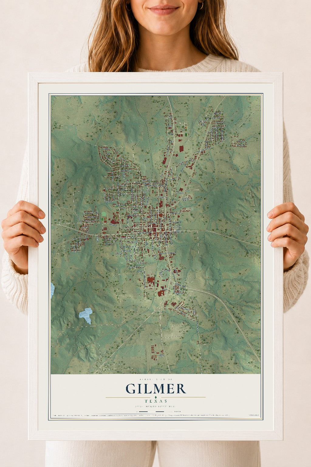 Map of Gilmer, Texas, 18 x 24 inch print in a white wood frame