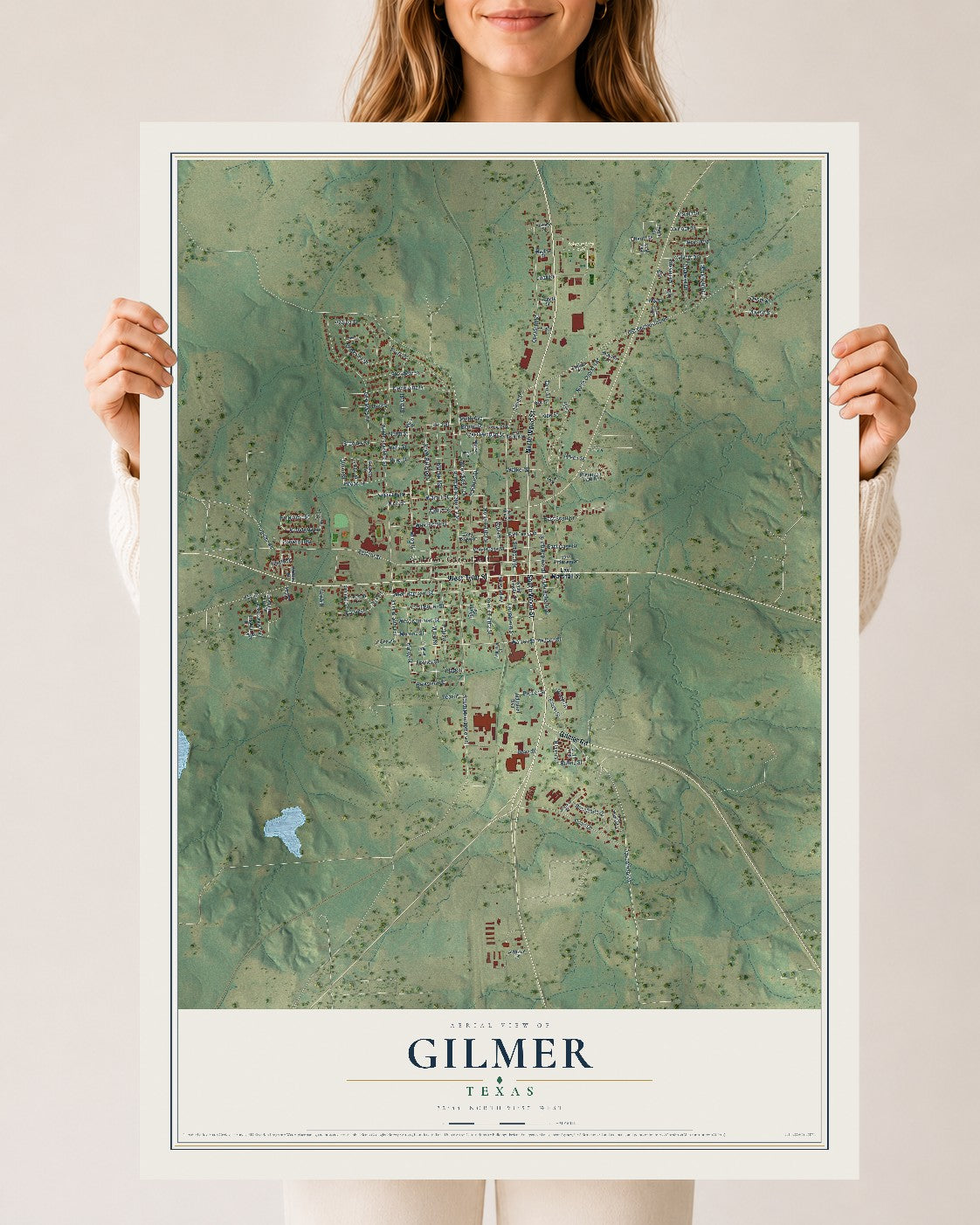 Map of Gilmer, Texas, 24 x 36 inch unframed archival matte print