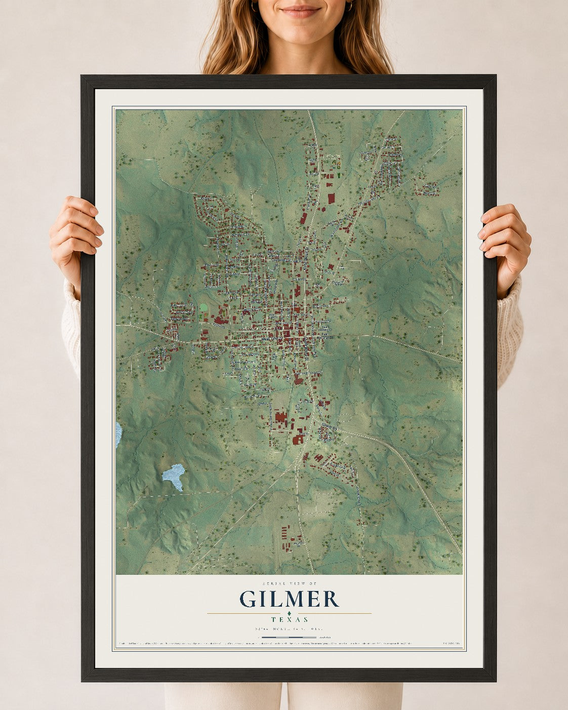 Map of Gilmer, Texas, 24 x 36 inch print in a black wood frame