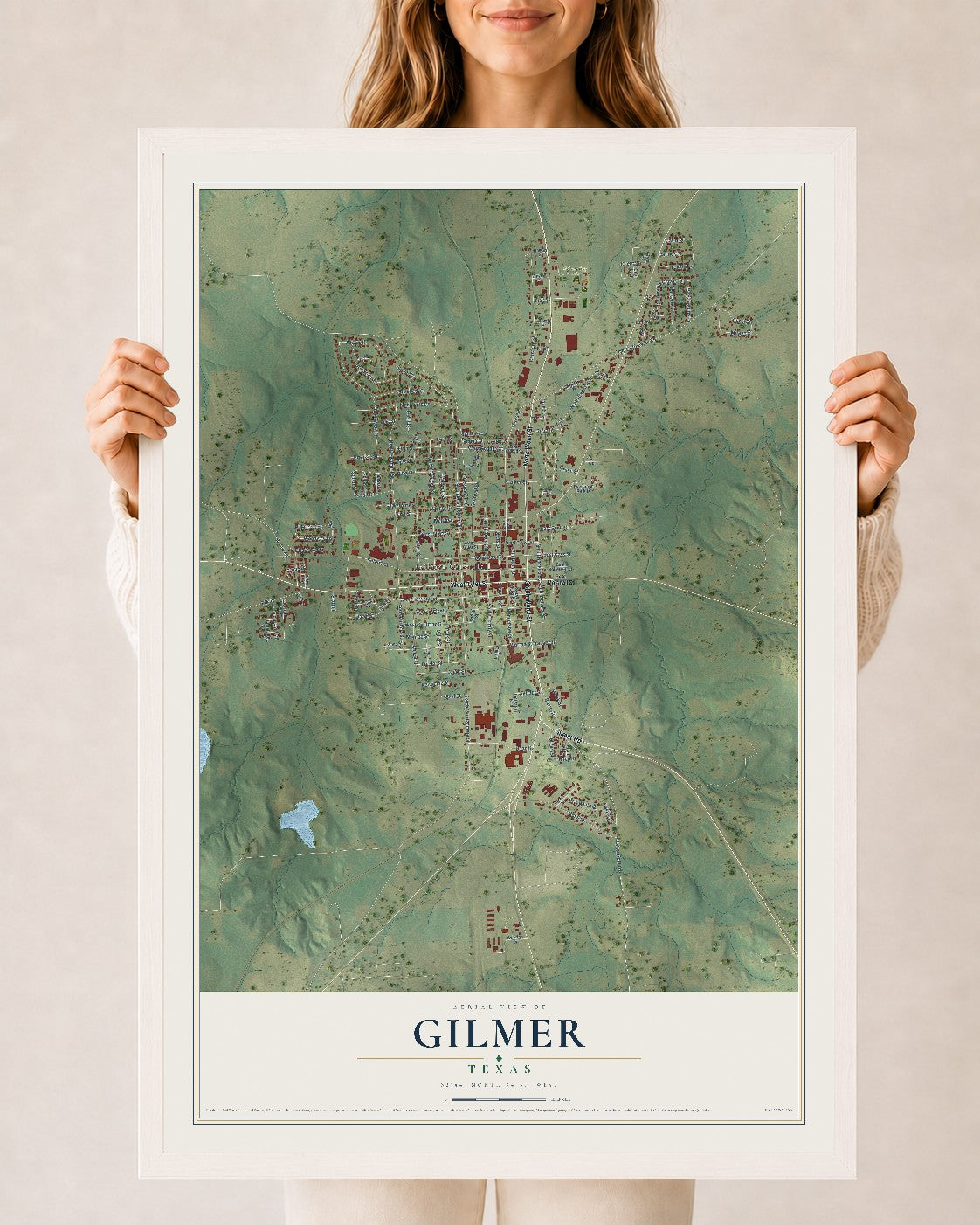 Map of Gilmer, Texas, 24 x 36 inch print in a white wood frame