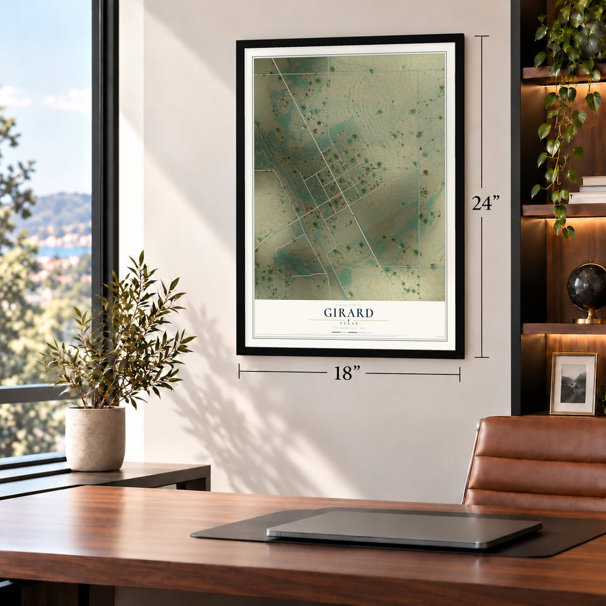 Girard, Texas map, 18 x 24 inch print in a black frame in a home office