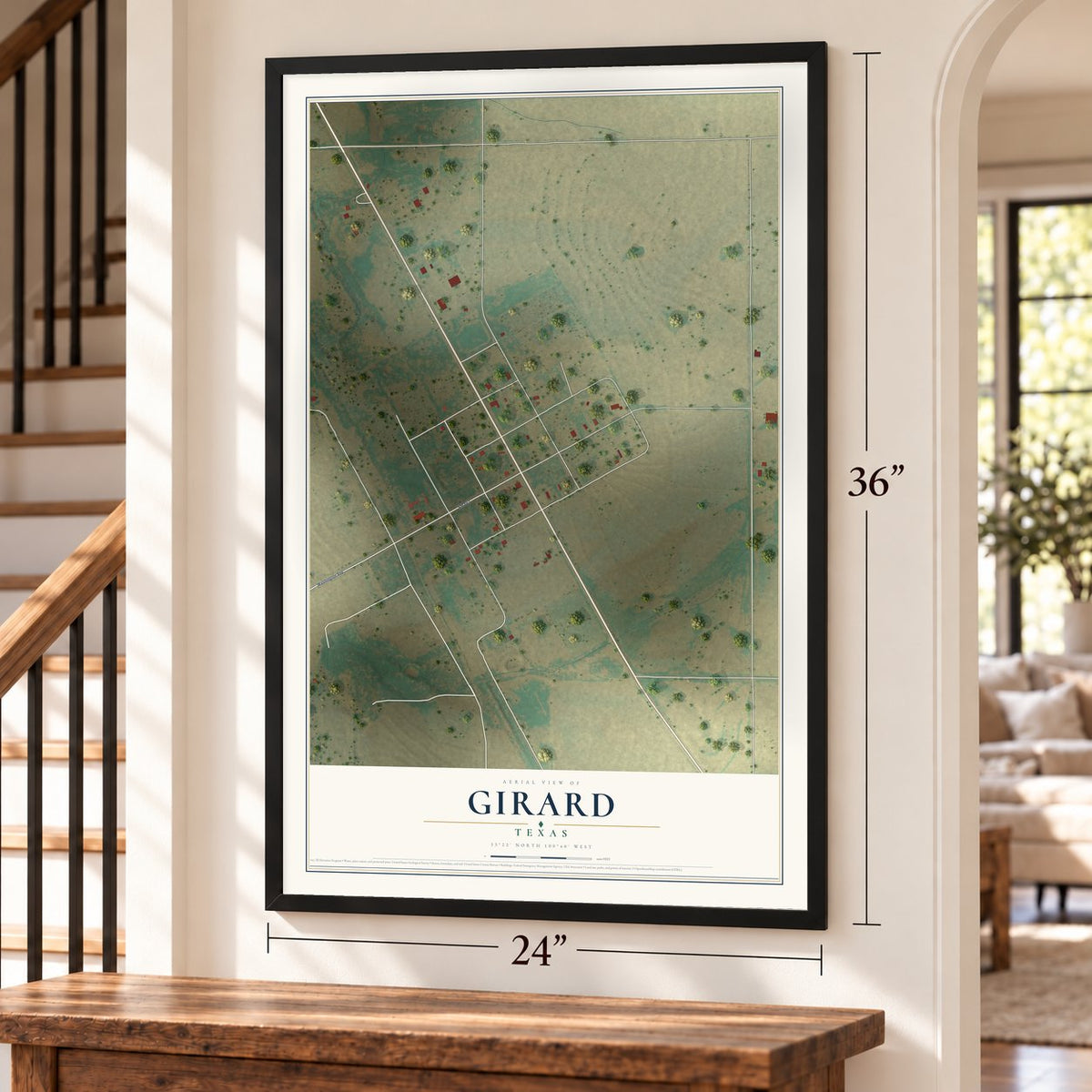 Girard, Texas map, 24 x 36 inch print in a black frame by a staircase