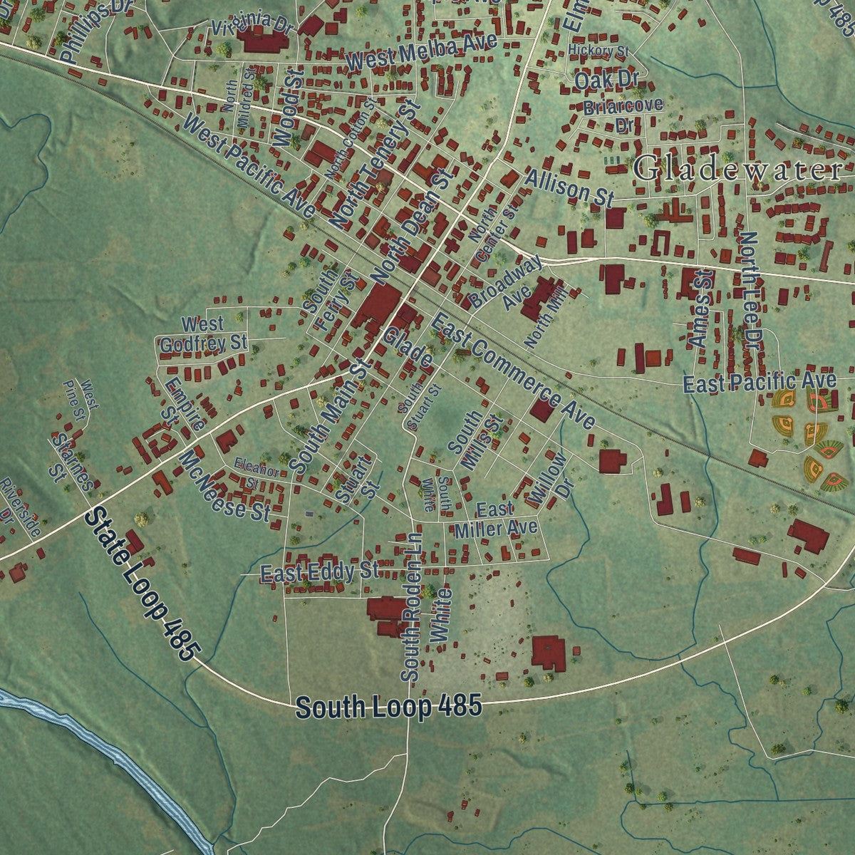 Close-up of the map of Gladewater, Texas print showing street and building detail
