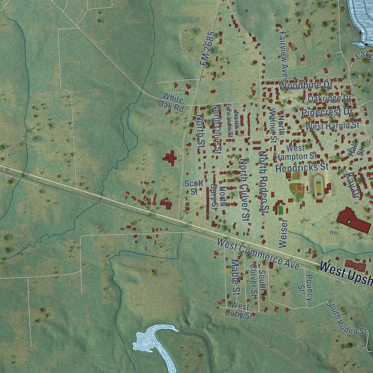 Second close-up of the map of Gladewater, Texas print showing more streets and buildings
