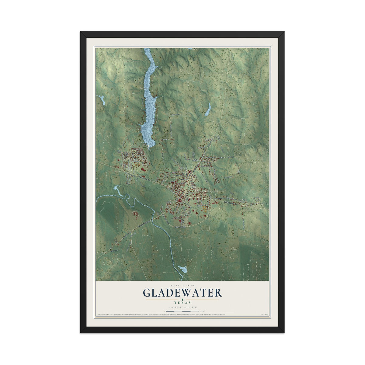 Map of Gladewater, Texas, 12 x 18 inch print in a black wood frame